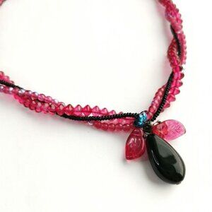 Vintage Czech Glass Bead Necklace raspberry black